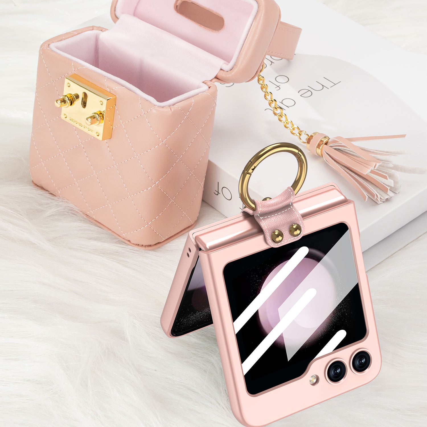 GKK For Samsung Galaxy Z Flip5 5G Metal Ring Holder PC Phone Case Tempered Glass Screen Film with Leather Chain Bag GKK For Samsung Galaxy Z Flip5 5G Metal Ring Holder PC Phone Case Tempered Glass Screen Film with Leather Chain Bag